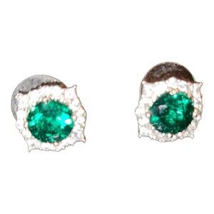 Silvertone Faux Emerald Earrings Surrounded w/Clear CZ's Pierced Earrings